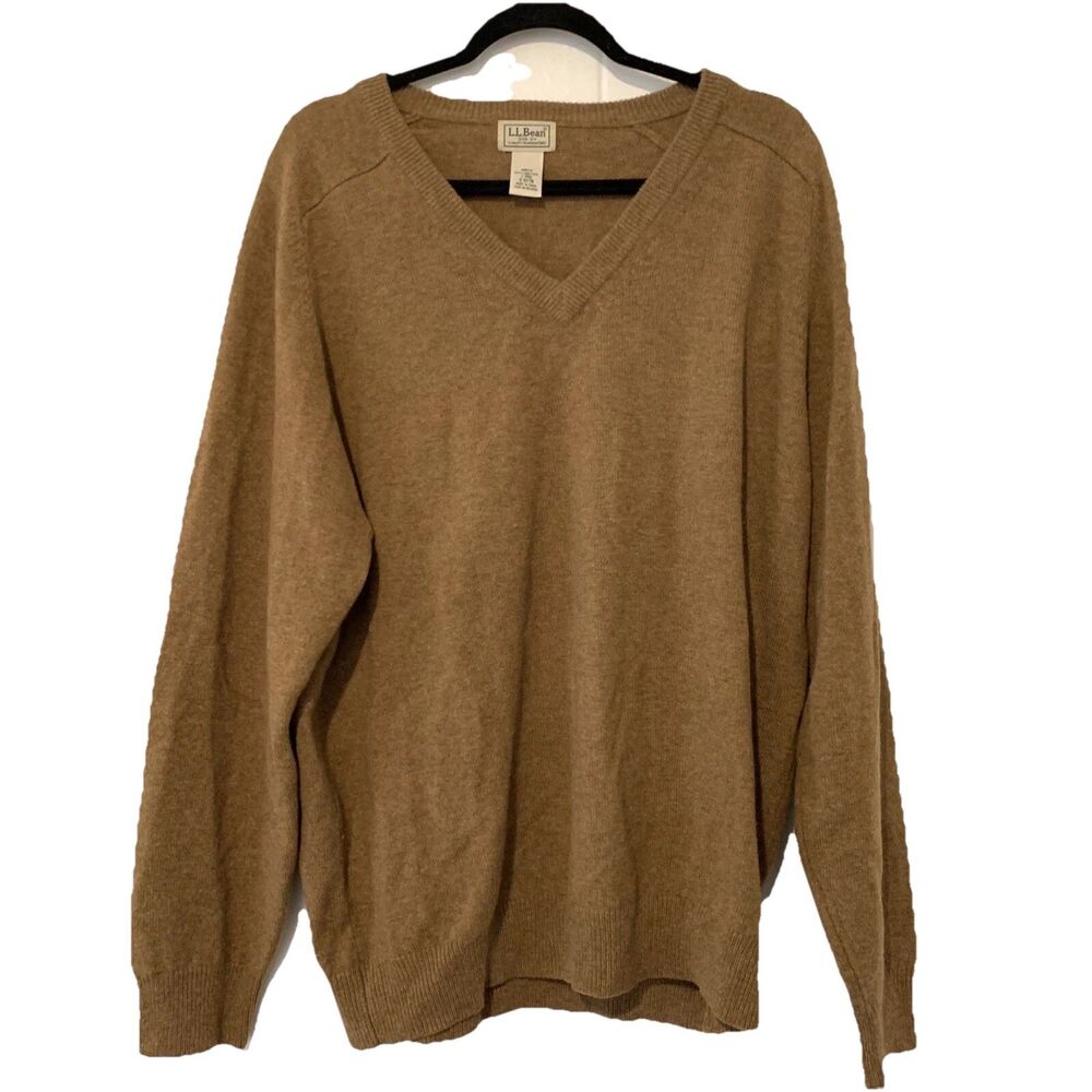 LL Bean Mens Large Sweater V Neck 100% Lambswool Tan Brown Long Sleeve‎ Vtg